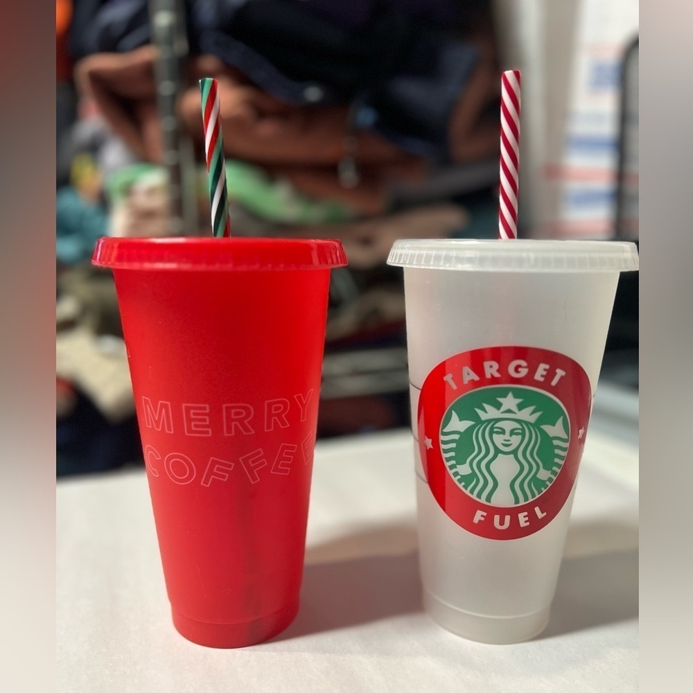 2 Starbucks Venti Reusable Holiday Cups — “Merry Coffee” + Target Fuel w/ Straws